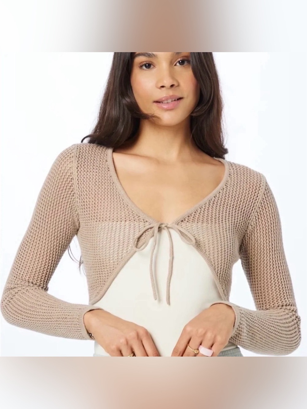 Y2K Tally Weijl 100%Cotton Tie Front Open Knit Crop Top Shrug Cardigan Beige NWT